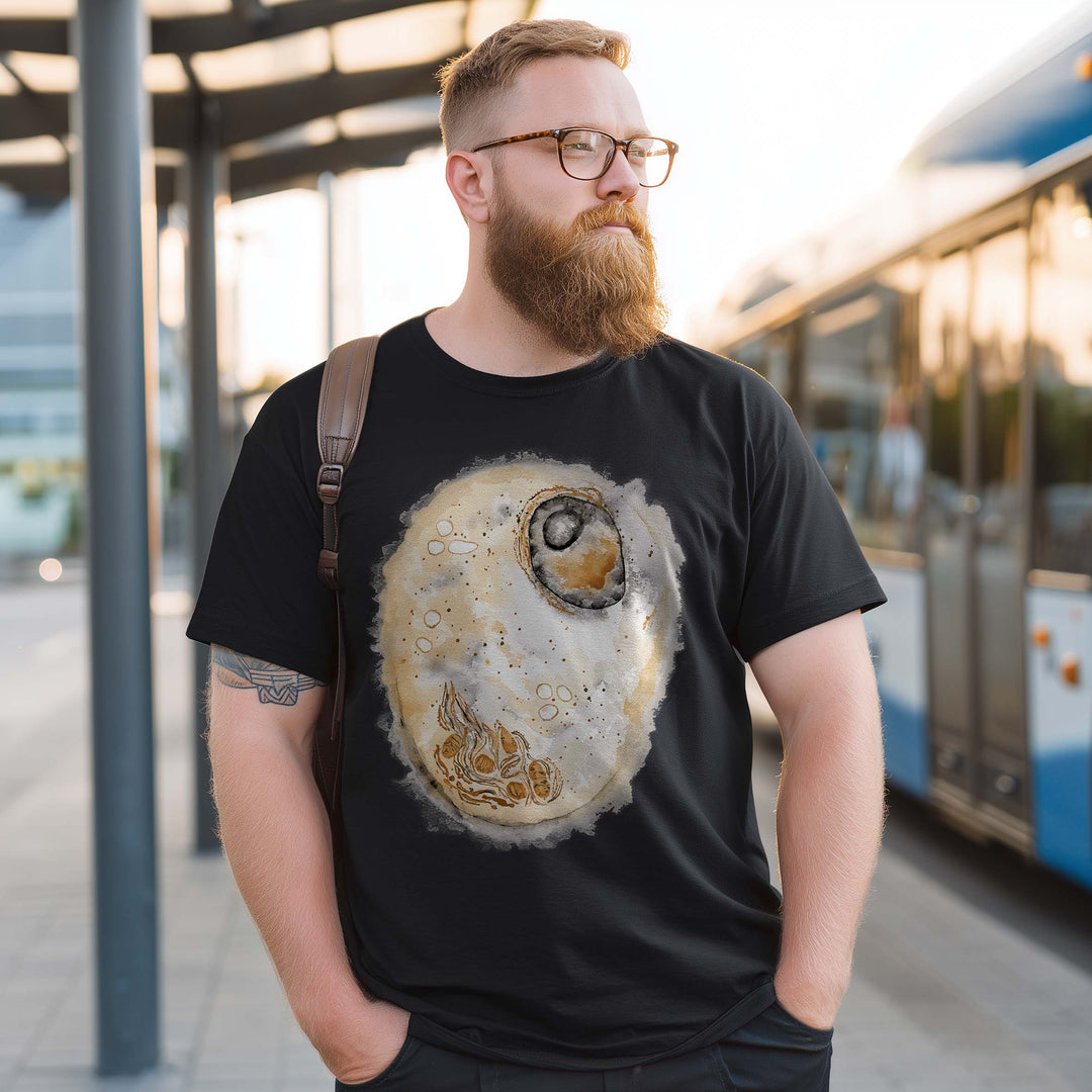 animal cell design on black t-shirt, male model