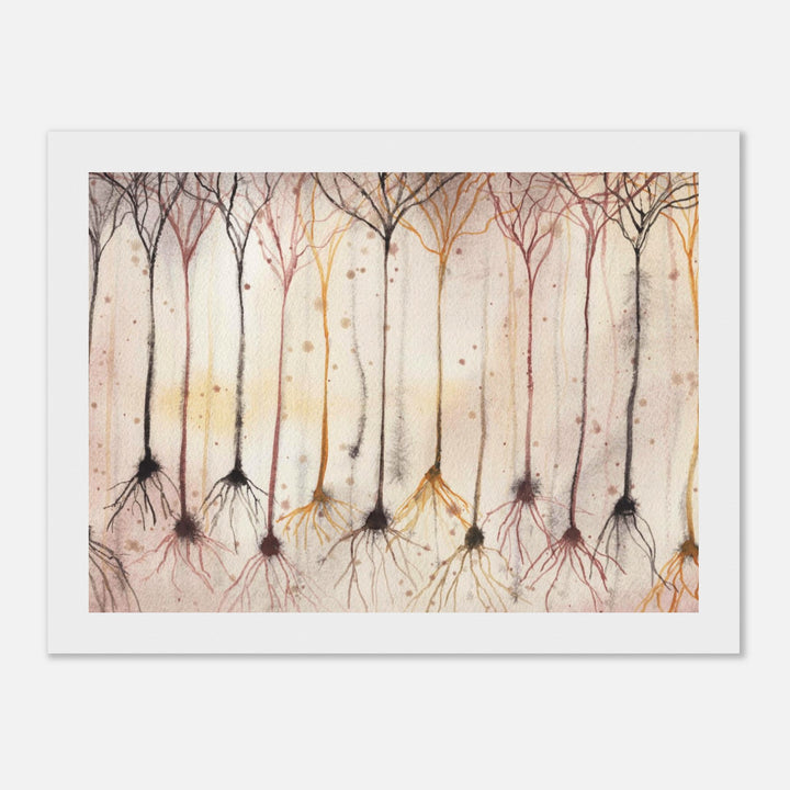 pyramidal neurons in gold, framed watercolor art print, gift for neurobiologist