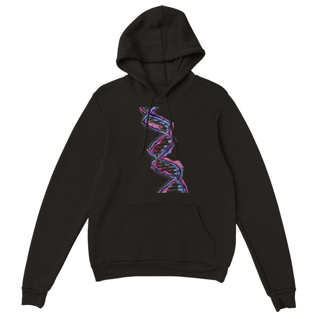 purple dna design on black hoodie by ontogenie