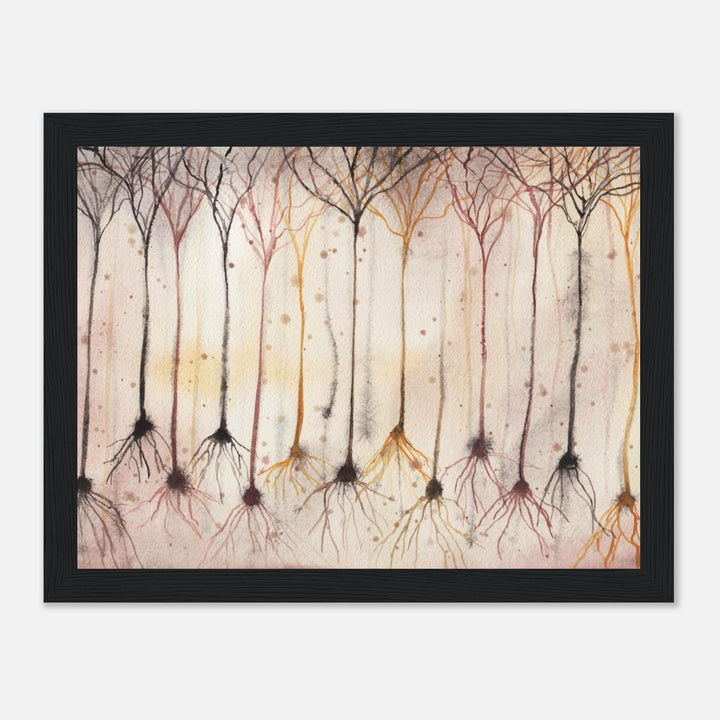 pyramidal neurons in gold, framed watercolor art print, gift for neurobiologist