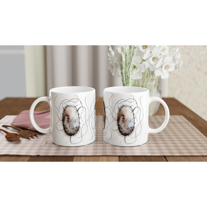 abstract watercolor illustration of E.coli printed on a ceramic mug by ontogenie
