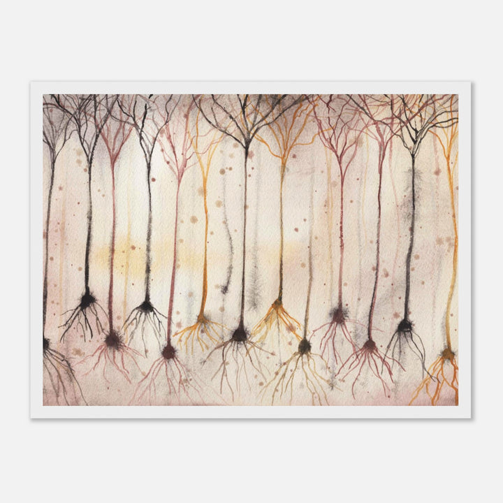 pyramidal neurons in gold, framed watercolor art print, gift for neurobiologist