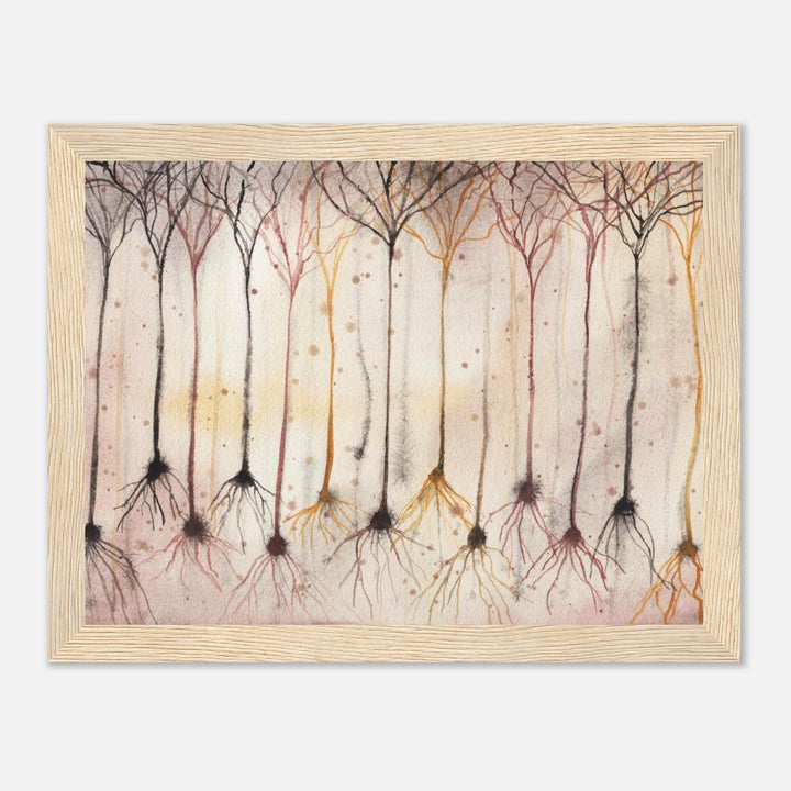 pyramidal neurons in gold, framed watercolor art print, gift for neurobiologist