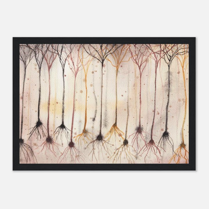 pyramidal neurons in gold, framed watercolor art print, gift for neurobiologist