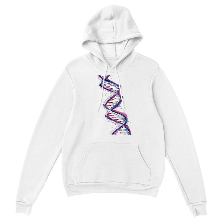 purple dna design on white hoodie by ontogenie