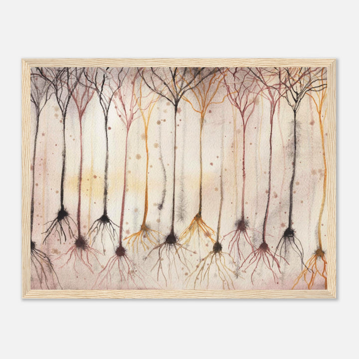 pyramidal neurons in gold, framed watercolor art print, gift for neurobiologist