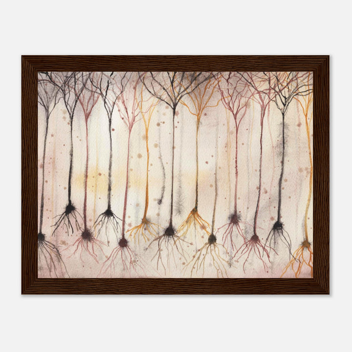 pyramidal neurons in gold, framed watercolor art print, gift for neurobiologist