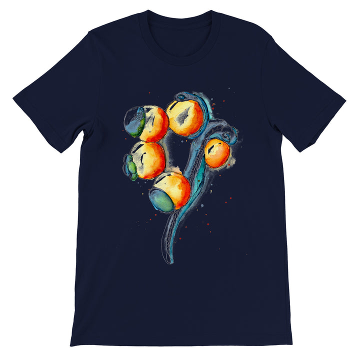 zebrafish development abstract watercolor painting on navy blue tshirt by ontogenie