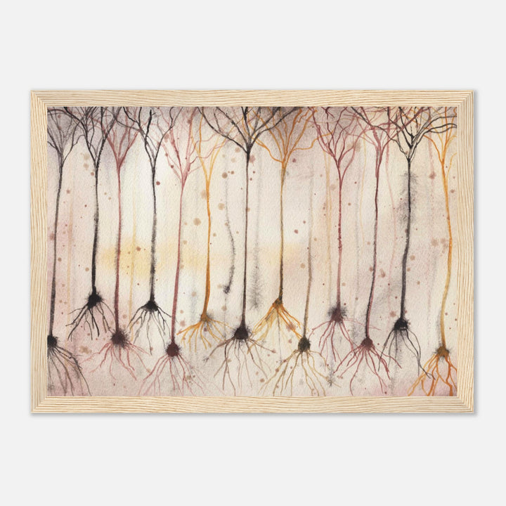 pyramidal neurons in gold, framed watercolor art print, gift for neurobiologist