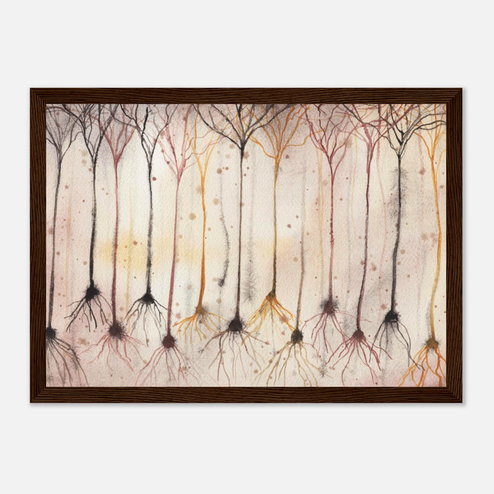 pyramidal neurons in gold, framed watercolor art print, gift for neurobiologist