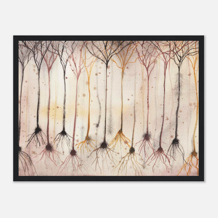 pyramidal neurons in gold, framed watercolor art print, gift for neurobiologist