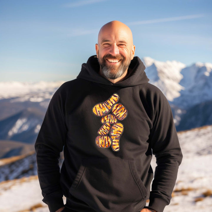 orange mitochondria watercolor design on black hoodie male model by ontogenie