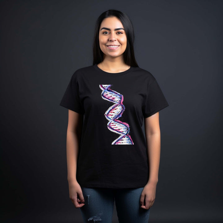 purple watercolor dna design on black tshirt worn by female model