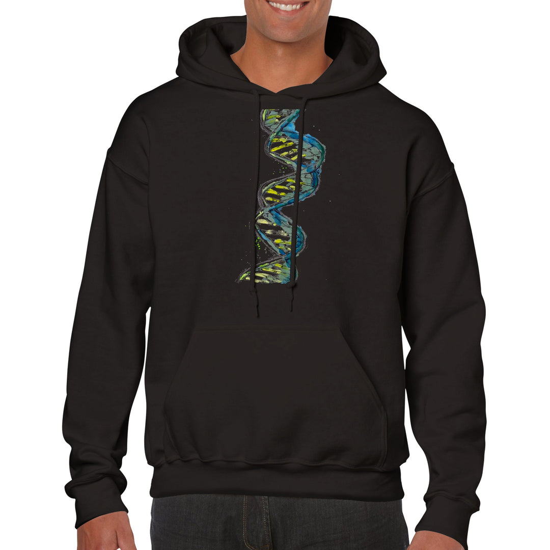 green abstract dna design on black hoodie by ontogenie