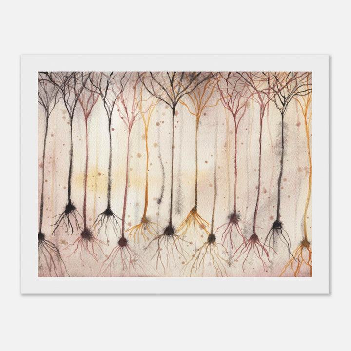 pyramidal neurons in gold, framed watercolor art print, gift for neurobiologist