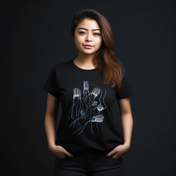 alatina box jellyfish design on black t-shirt female model by ontogenie