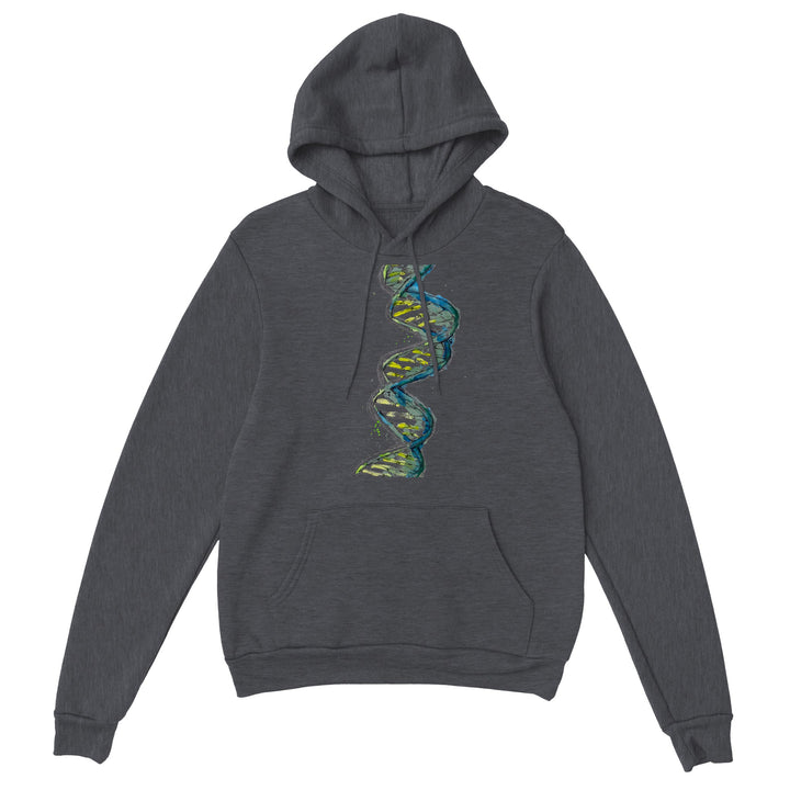 green abstract dna design on dark gray heather hoodie by ontogenie