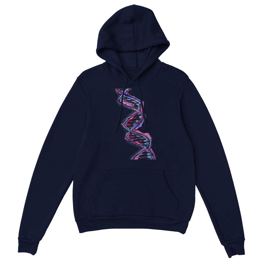purple dna design on navy blue hoodie by ontogenie