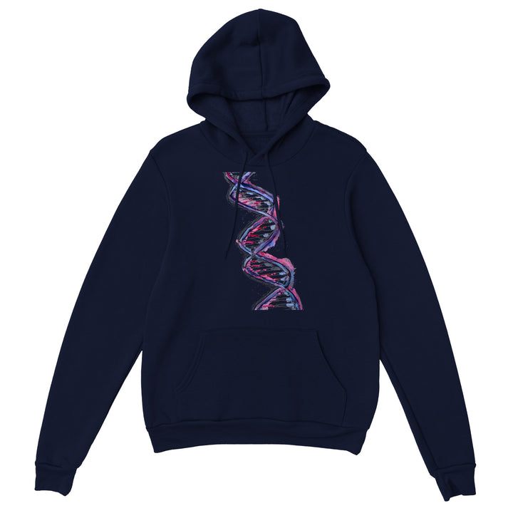 purple dna design on navy blue hoodie by ontogenie