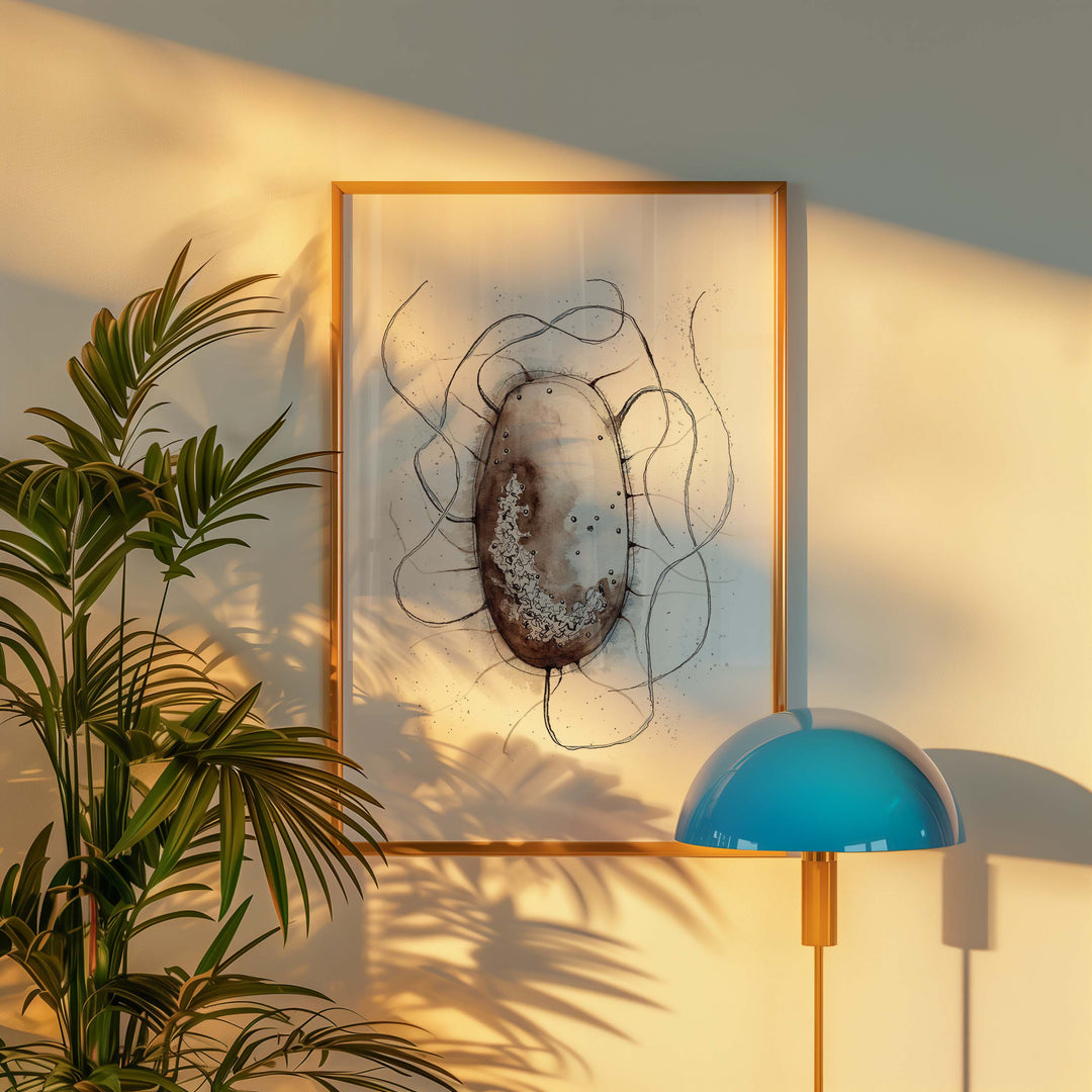 e coli bacterium, abstract watercolor print framed, room mockup