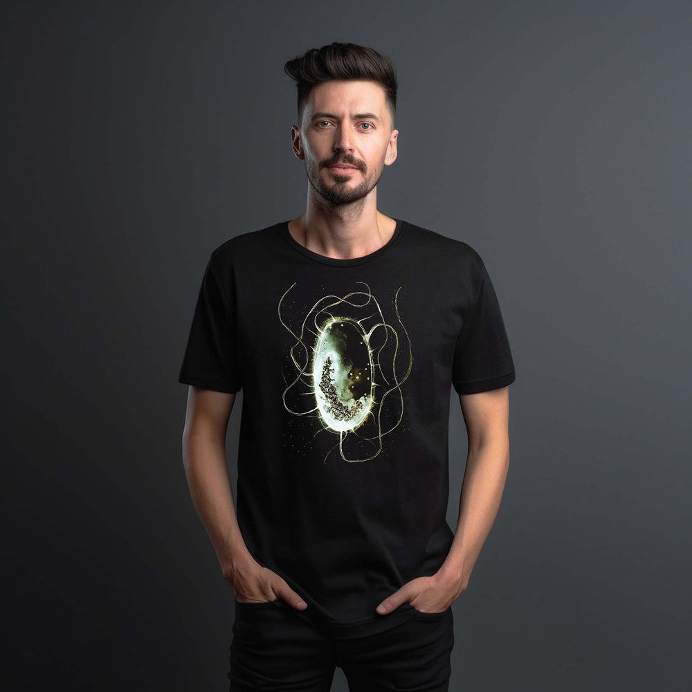 e coli bacterial cell watercolor illustration on black t-shirt male model