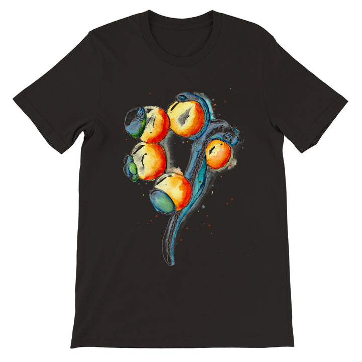 zebrafish development abstract watercolor painting on black tshirt by ontogenie