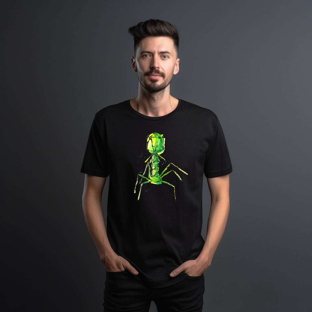 bacteriophage design on black t-shirt by ontogenie, male model