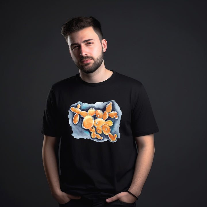 budding yeast abstract painting design on black tshirt with male model by ontogenie