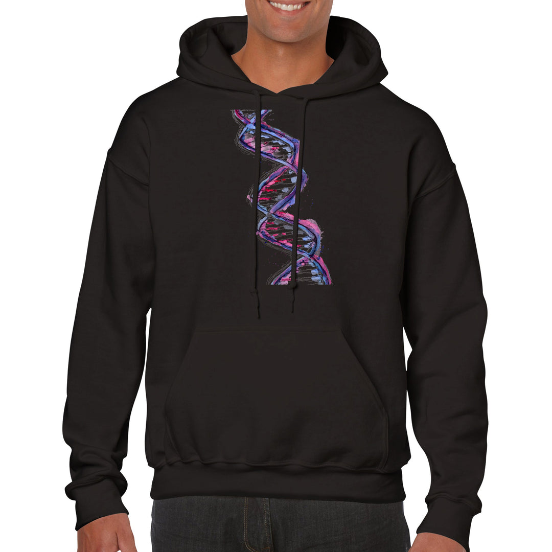 purple dna design on black hoodie by ontogenie