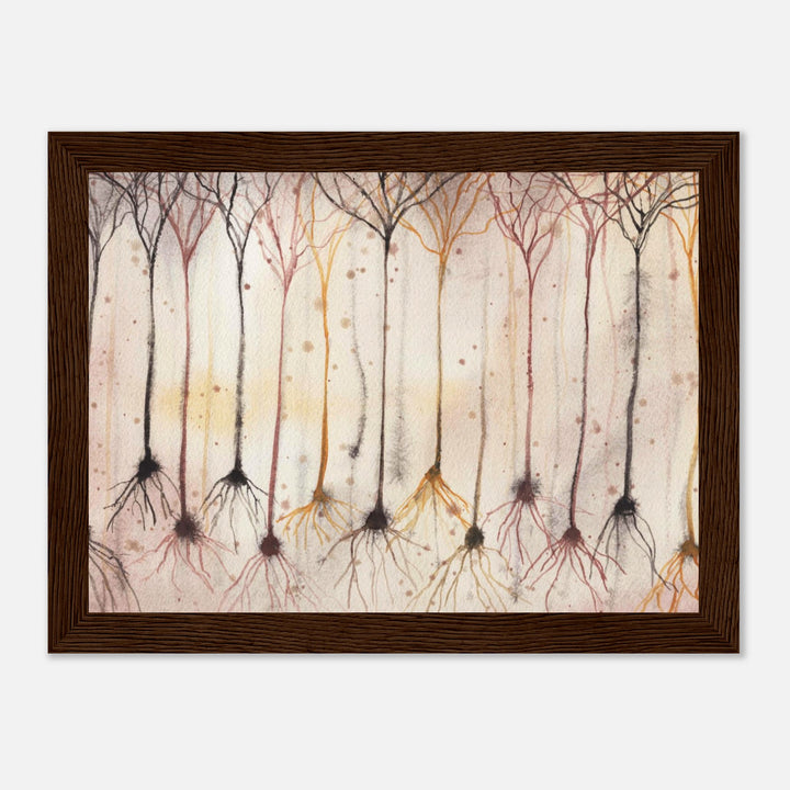 pyramidal neurons in gold, framed watercolor art print, gift for neurobiologist