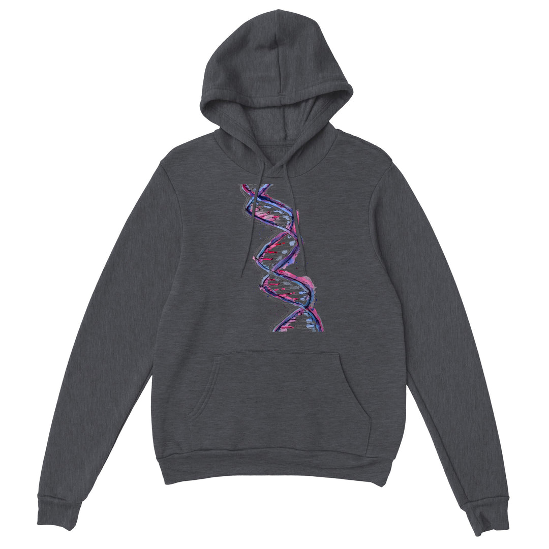 purple dna design on dark gray heather hoodie by ontogenie