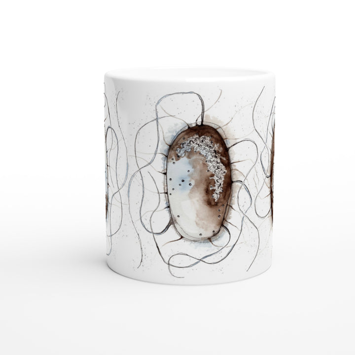 abstract watercolor illustration of E.coli printed on a ceramic mug by ontogenie