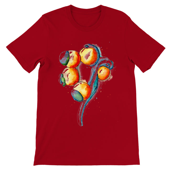 zebrafish development abstract watercolor painting on red tshirt by ontogenie