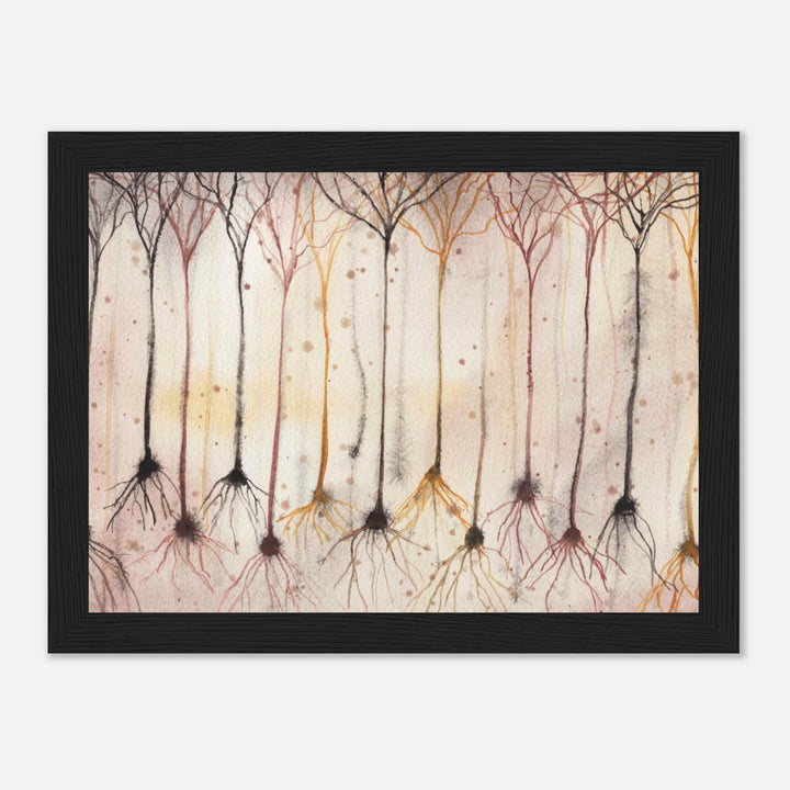 pyramidal neurons in gold, framed watercolor art print, gift for neurobiologist