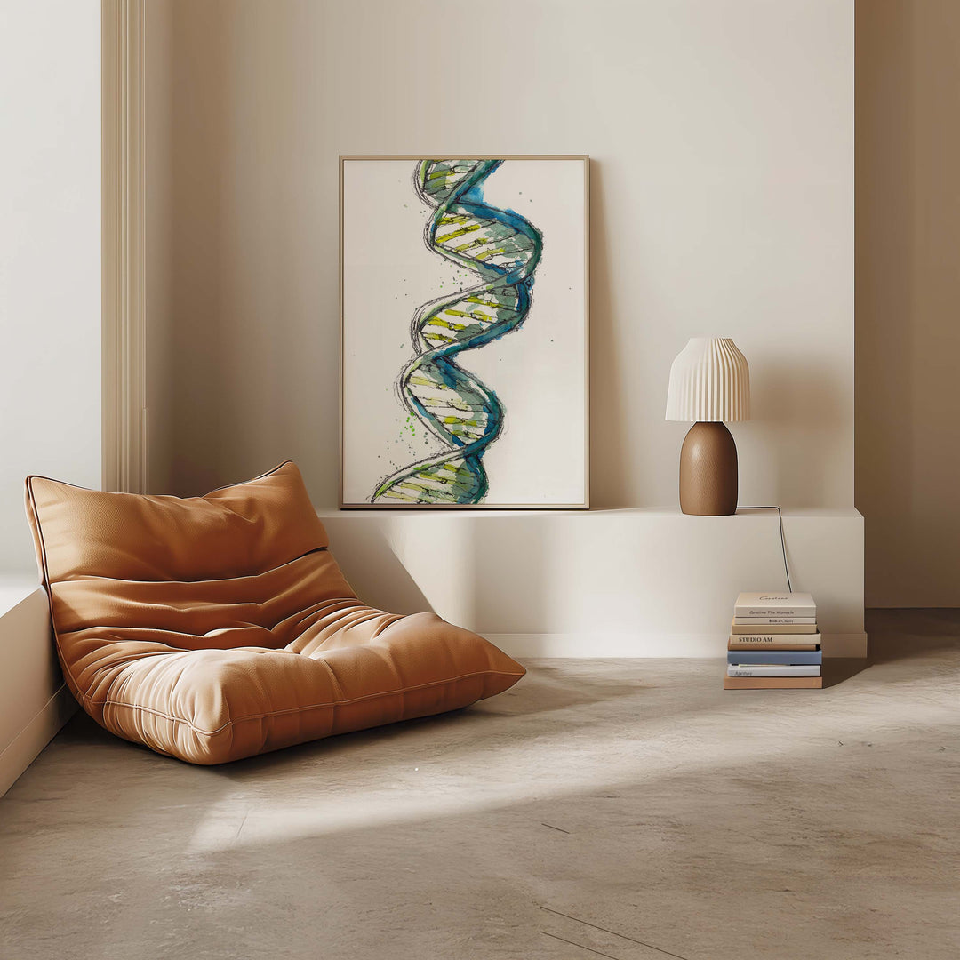green dna abstract watercolor painting, framed print, room mockup