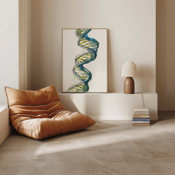 green dna abstract watercolor painting, framed print, room mockup