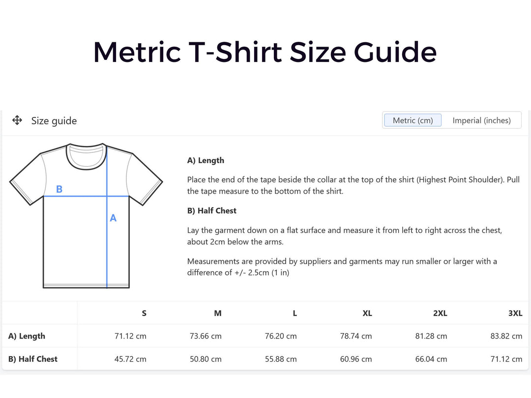 metric t-shirt size guide