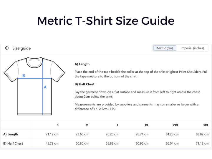 metric t-shirt size guide