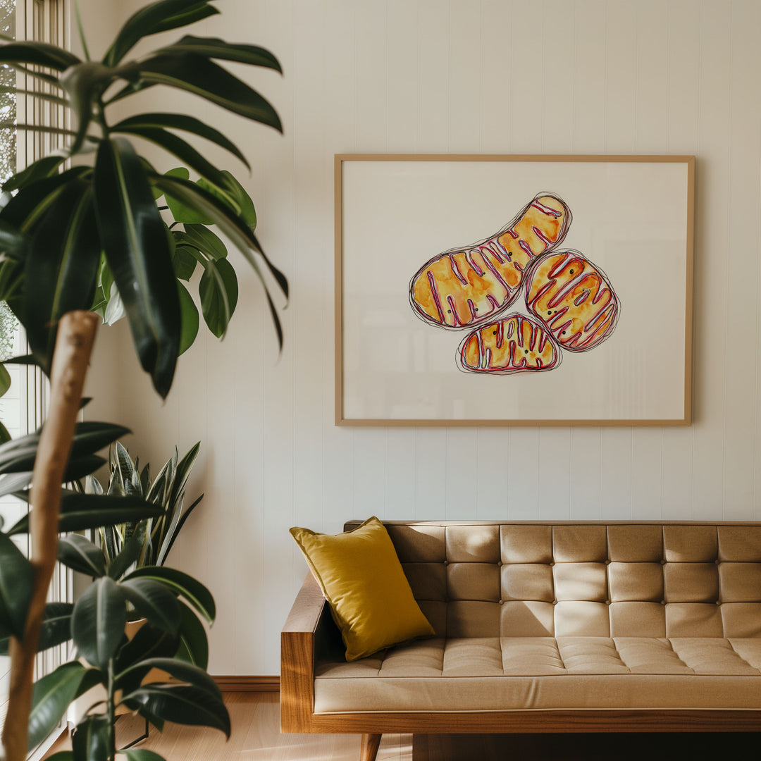 mitochondria abstract watercolor painting, framed print, room mockyup