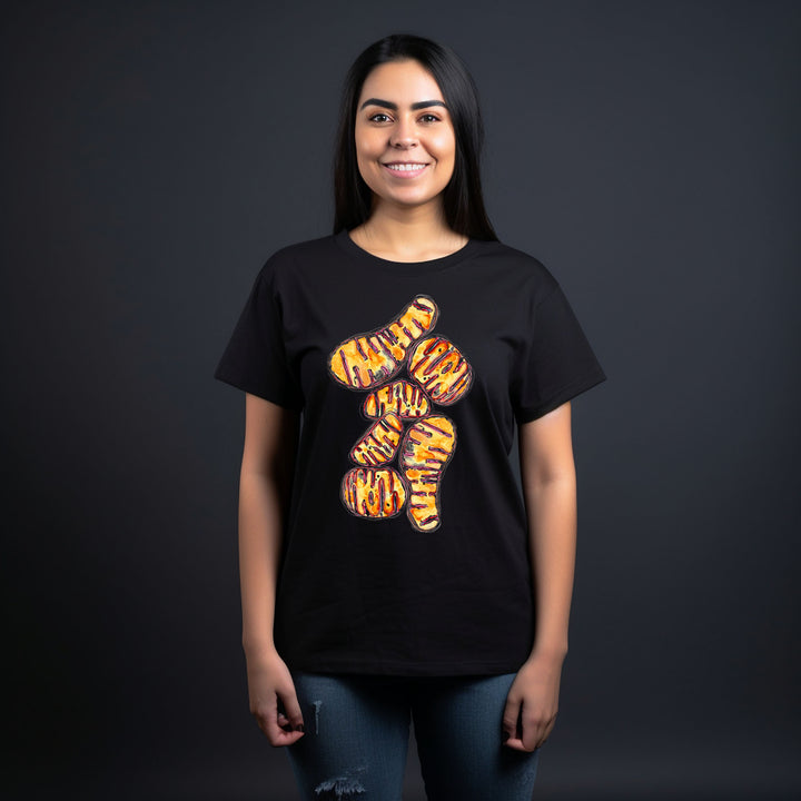 orange abstract mitochondria design on black t-shirt female model by ontogenie