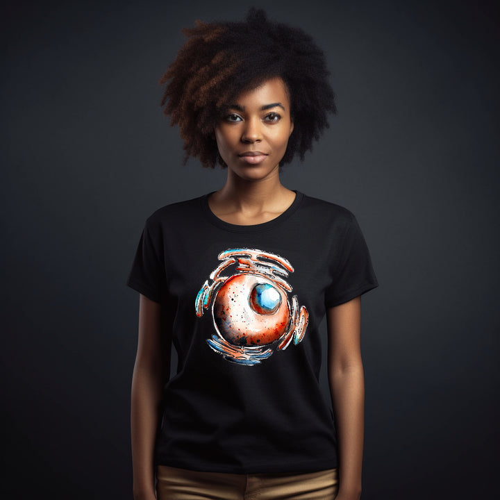 abstract nucleus watercolor design on black tshirt female model