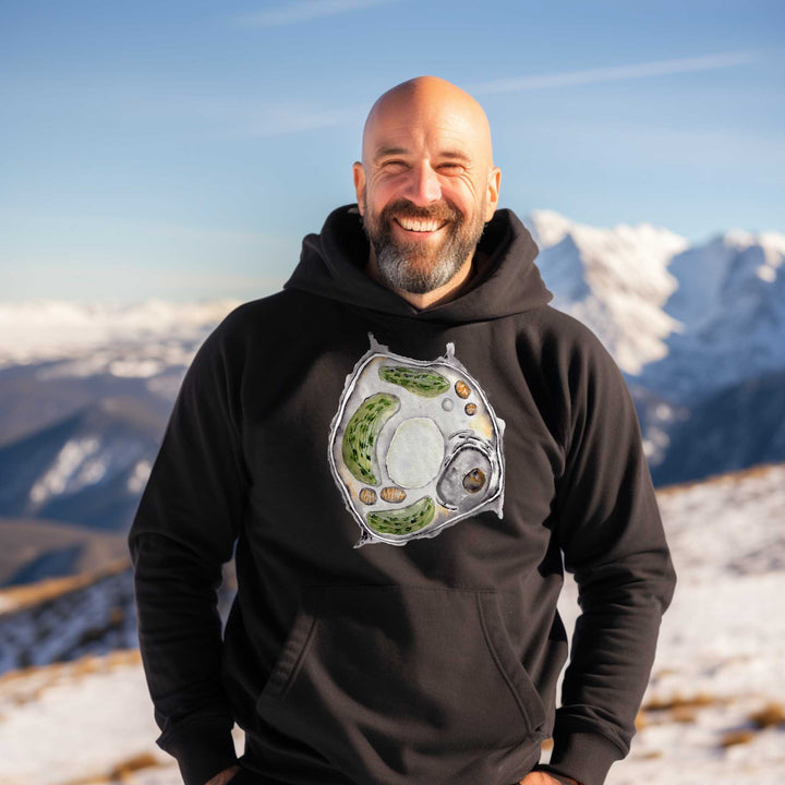 plant cell watercolor design on black hoodie male model by ontogenie