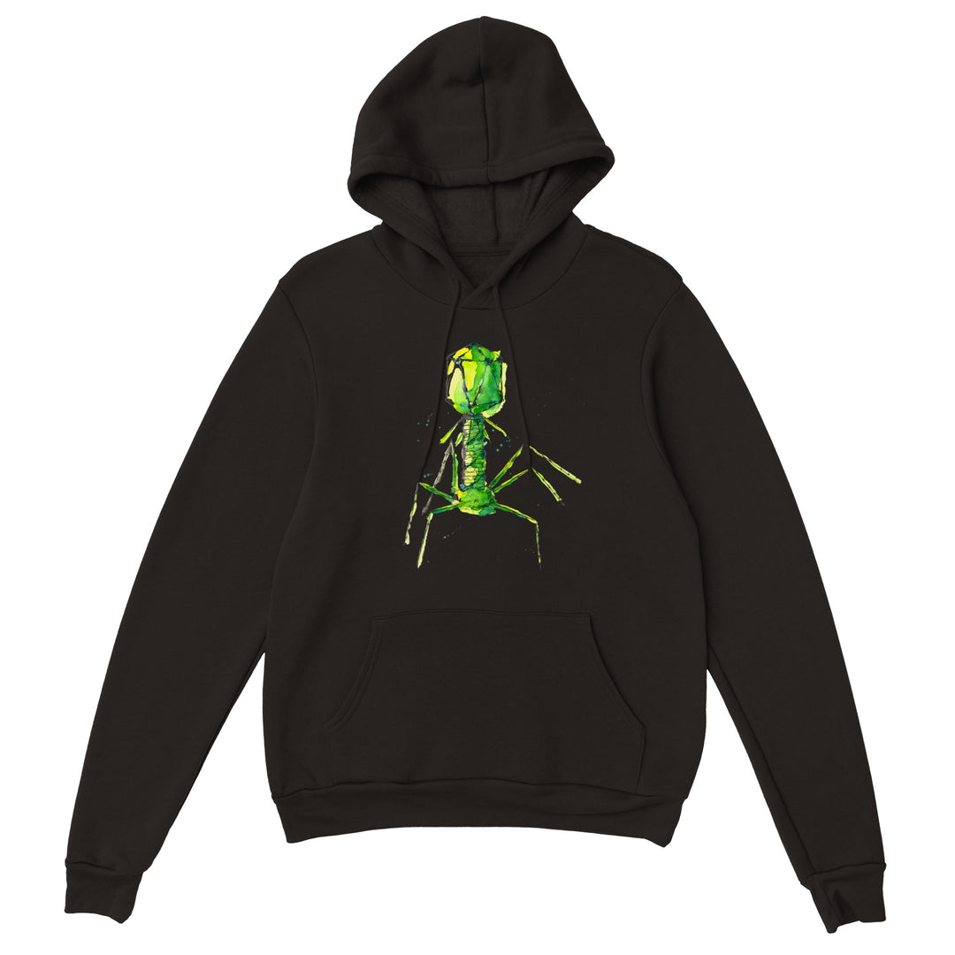 bacteriophage watercolor print on black hoodie by Ontogenie Science Jewelry