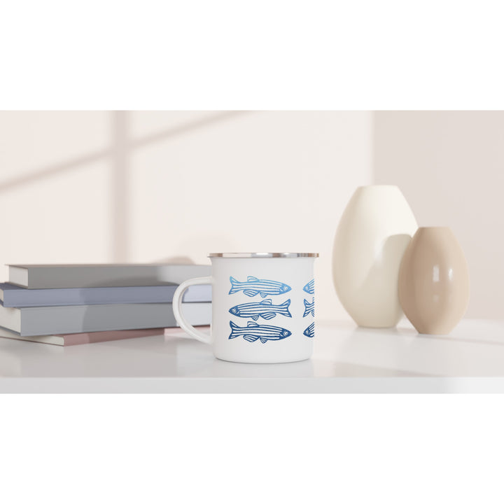 blue zebrafish design on enamel mug by ontogenie