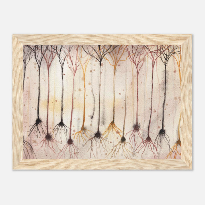 pyramidal neurons in gold, framed watercolor art print, gift for neurobiologist