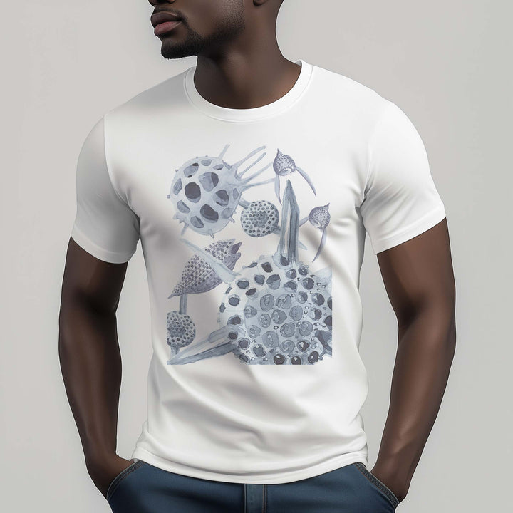 male model wearing white radiolaria t-shirt
