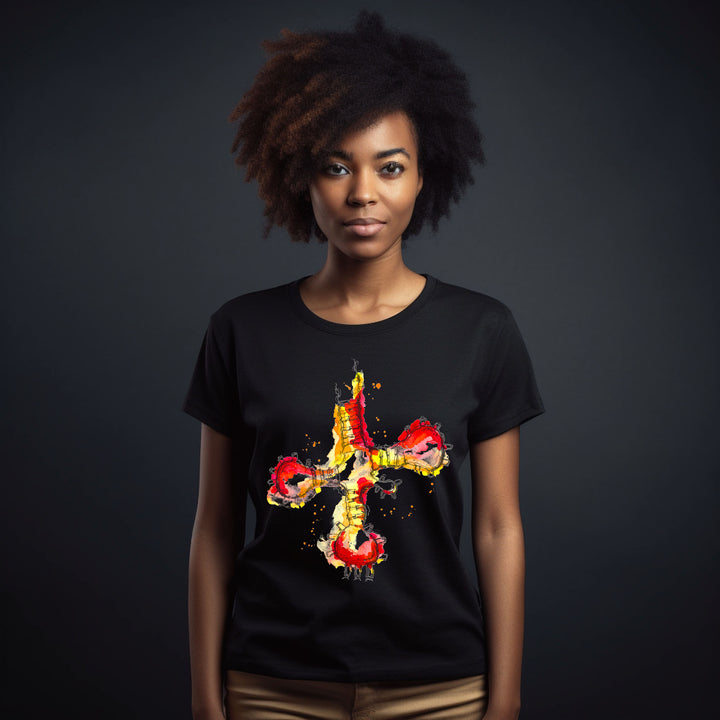 trna red/orange design on black tshirt on female model by ontogenie