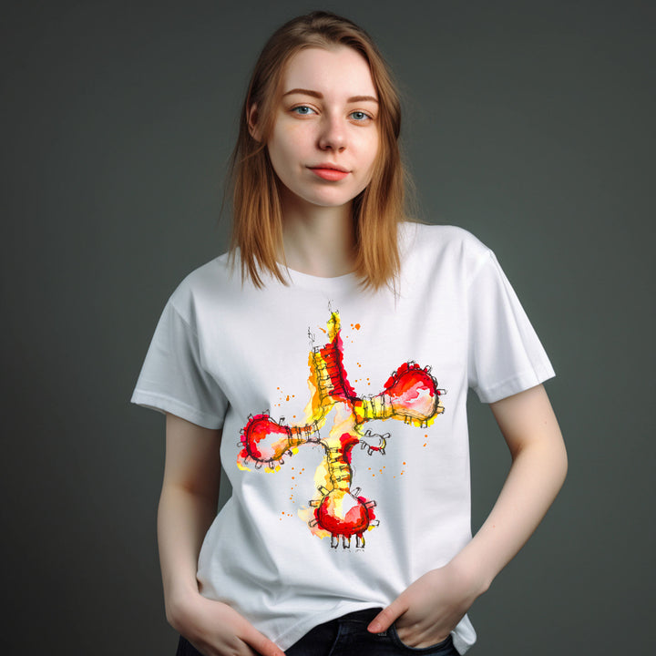 trna red/orange design on white tshirt on female model by ontogenie