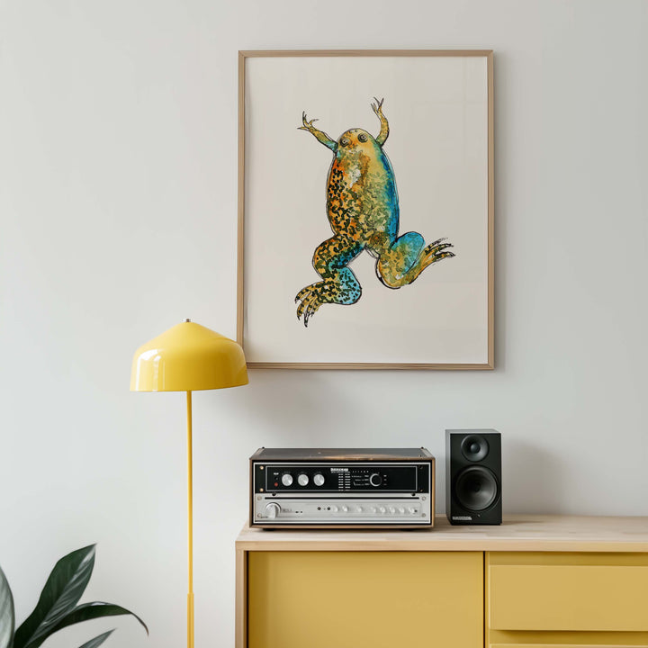 xenopus african clawed frog watercolor art print framed, room mockup