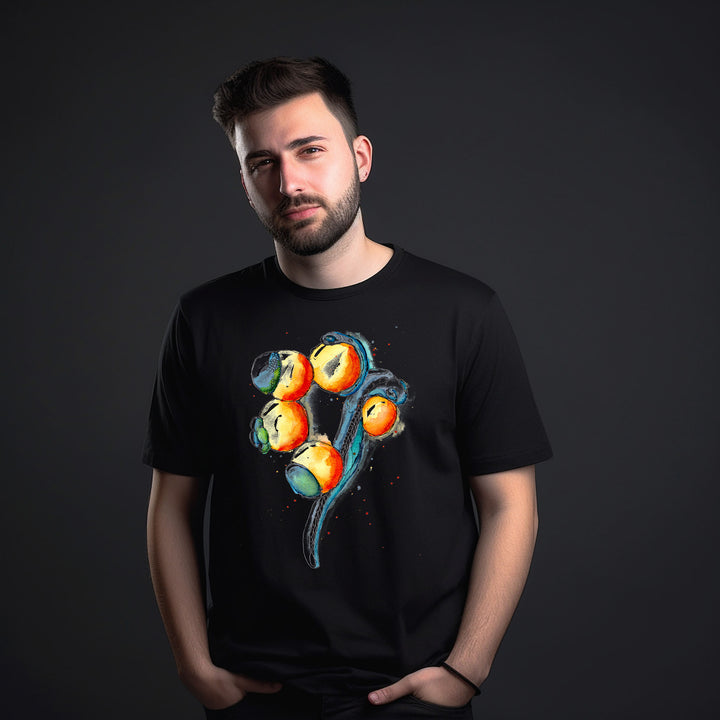 zebrafish development abstract watercolor painting on black tshirt with male model by ontogenie